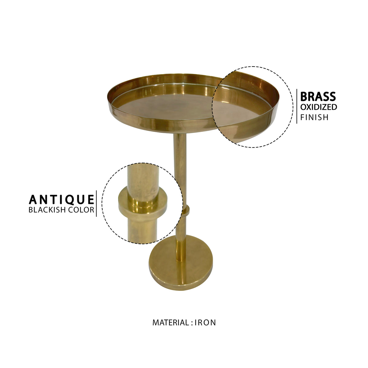 Ara 12 Inch Side End Table, Vintage Sleek Pillar Base, Round Tray Top, Oxidized Antique Brass - UPT-297049