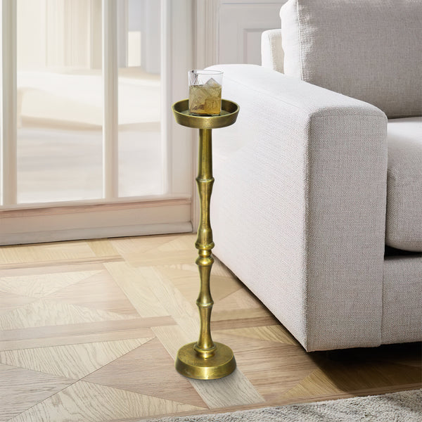 6 Inch Drink Side Table, Turned Pedestal Metal Base, Round Top, Oxidized Brass - UPT-297050