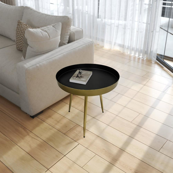 Enid 19 Inch Side End Table, Iron Brass Plating, Black Matte Top, Modern Sleek Angled Legs- UPT-297052