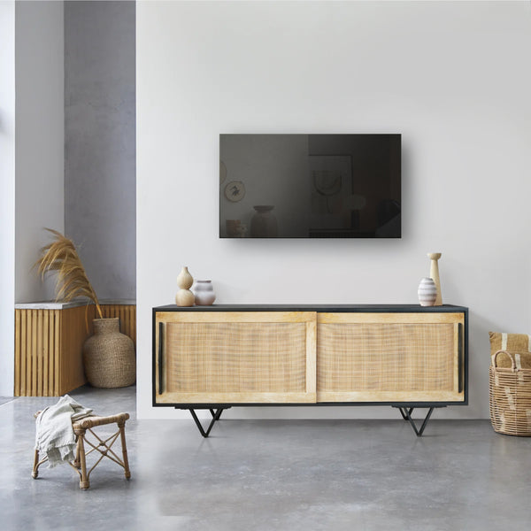 Handcrafted 60-Inch TV Media Console with Rattan Sliding Doors - Natural Brown And Matte Black Finish - UPT-297332