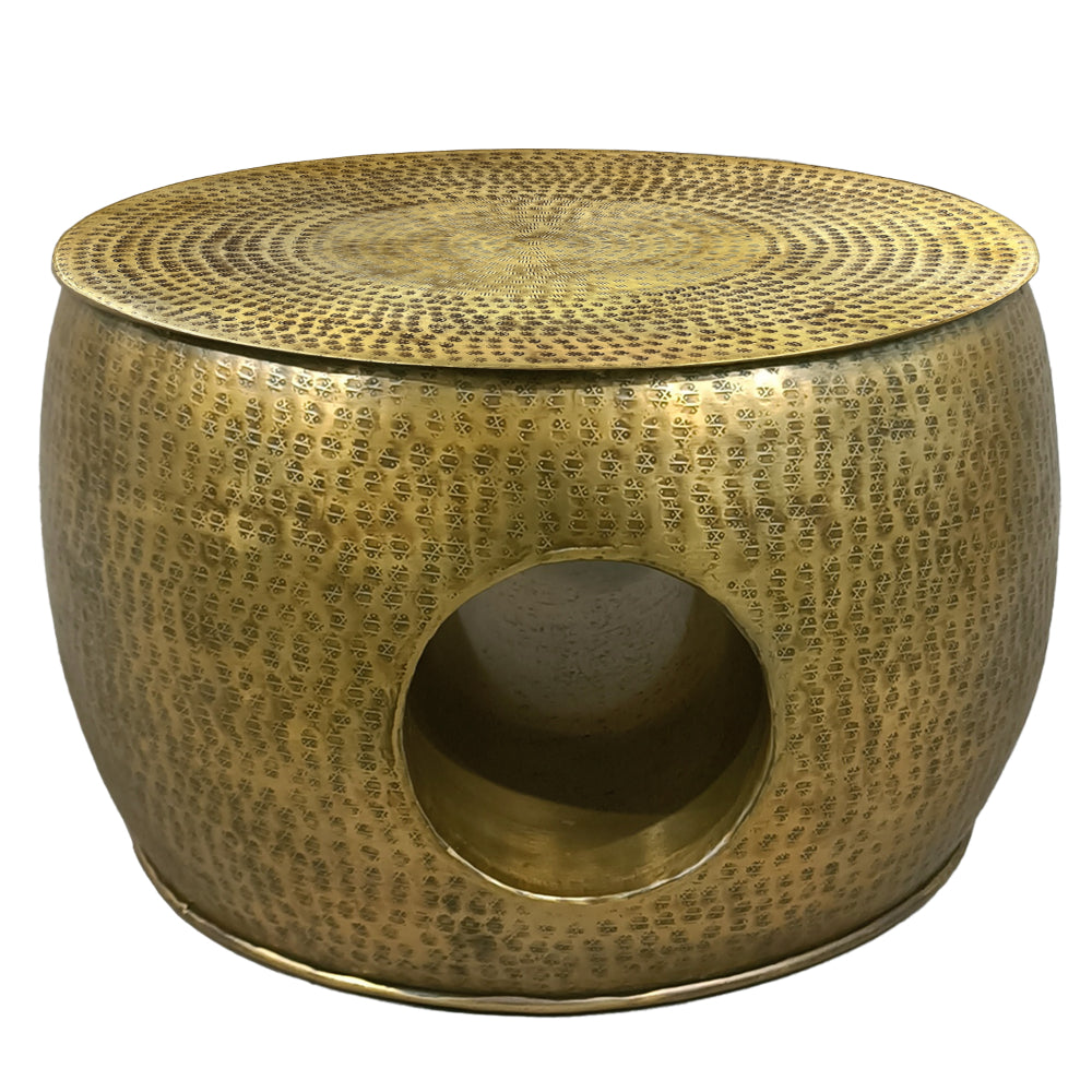 Nala 23 Inch Coffee Table, Low Round Drum Shape with Unique Hollow Center, Antique Brass Aluminum - UPT-298832