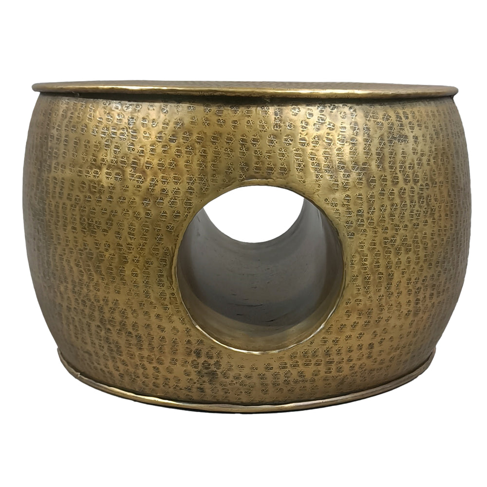 Nala 23 Inch Coffee Table, Low Round Drum Shape with Unique Hollow Center, Antique Brass Aluminum - UPT-298832