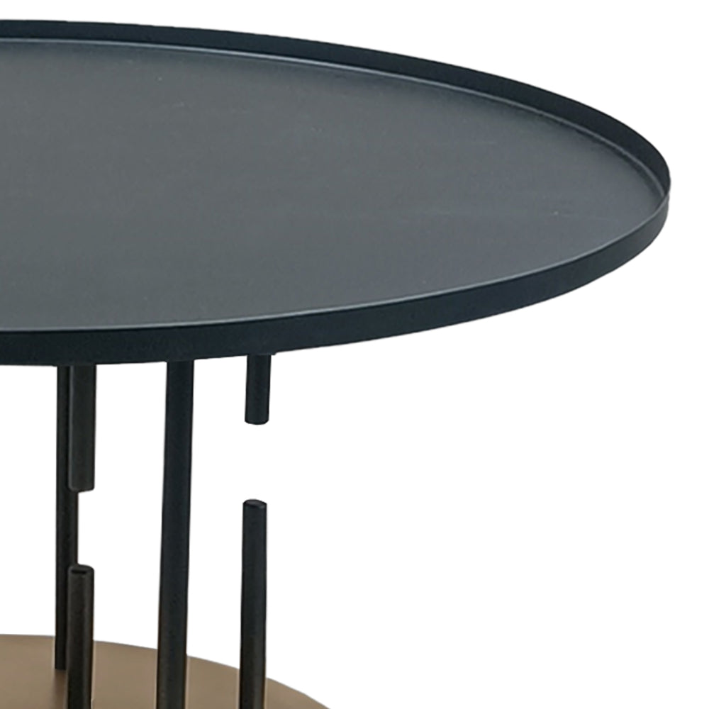 Neci 31 Inch Coffee Table, Round Matte Black Tray Top, Modern Rod Supports with Brass Base - UPT-298834