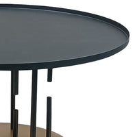Neci 31 Inch Coffee Table, Round Matte Black Tray Top, Modern Rod Supports with Brass Base - UPT-298834