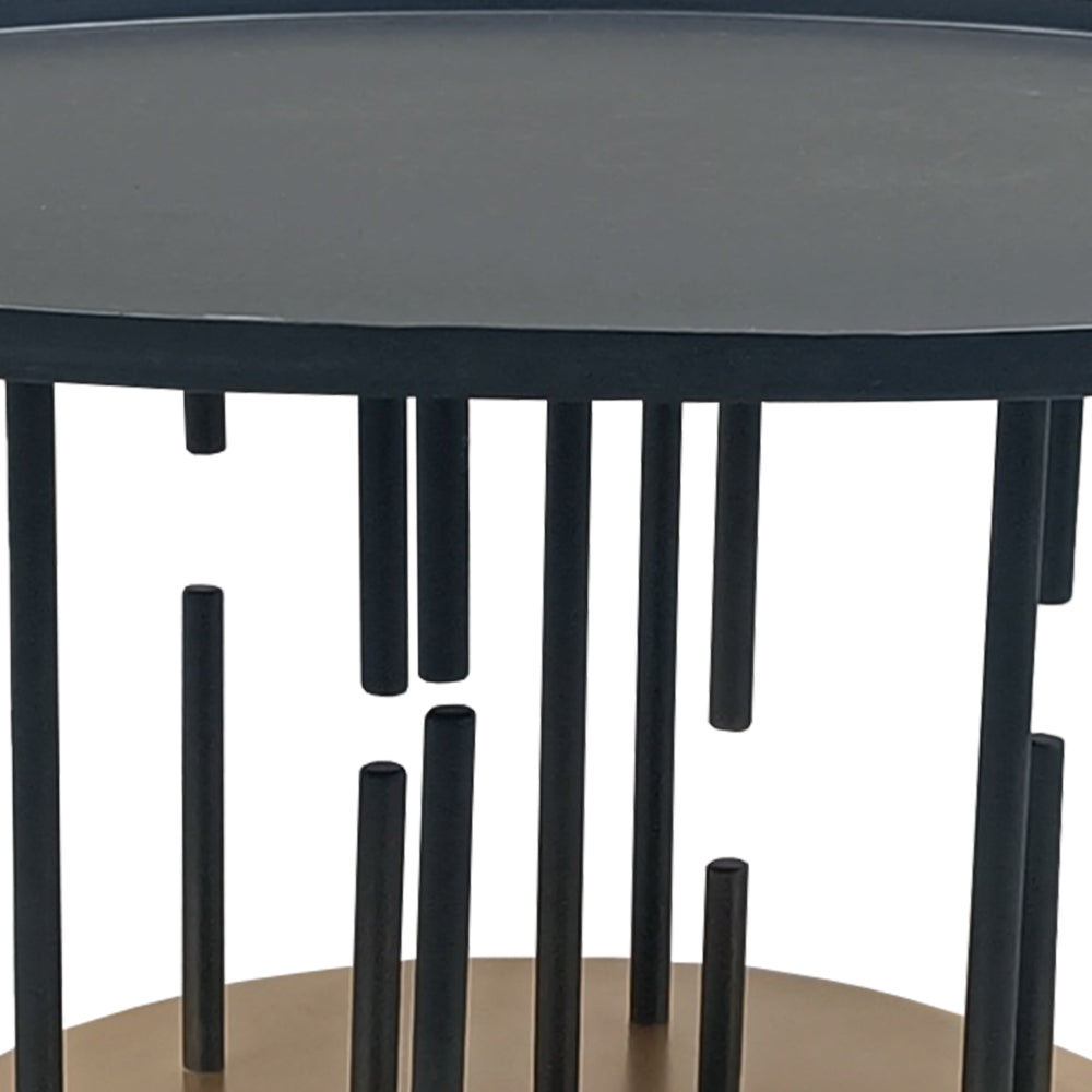 Neci 31 Inch Coffee Table, Round Matte Black Tray Top, Modern Rod Supports with Brass Base - UPT-298834