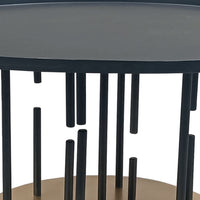 Neci 31 Inch Coffee Table, Round Matte Black Tray Top, Modern Rod Supports with Brass Base - UPT-298834