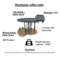 Neci 31 Inch Coffee Table, Round Matte Black Tray Top, Modern Rod Supports with Brass Base - UPT-298834