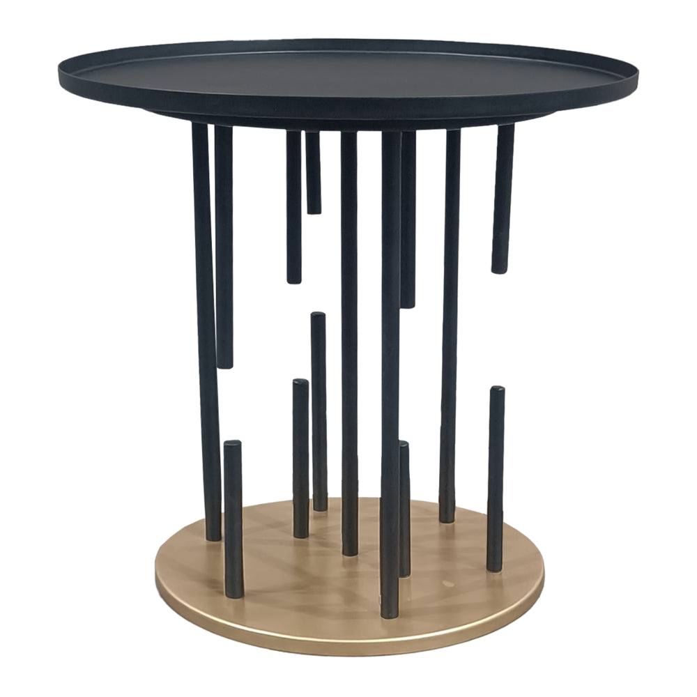 Neci 20 Inch Side End Table, Round Matte Black Tray Top, Modern Rod Supports with Brass Base - UPT-298835