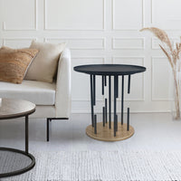 Neci 20 Inch Side End Table, Round Matte Black Tray Top, Modern Rod Supports with Brass Base - UPT-298835
