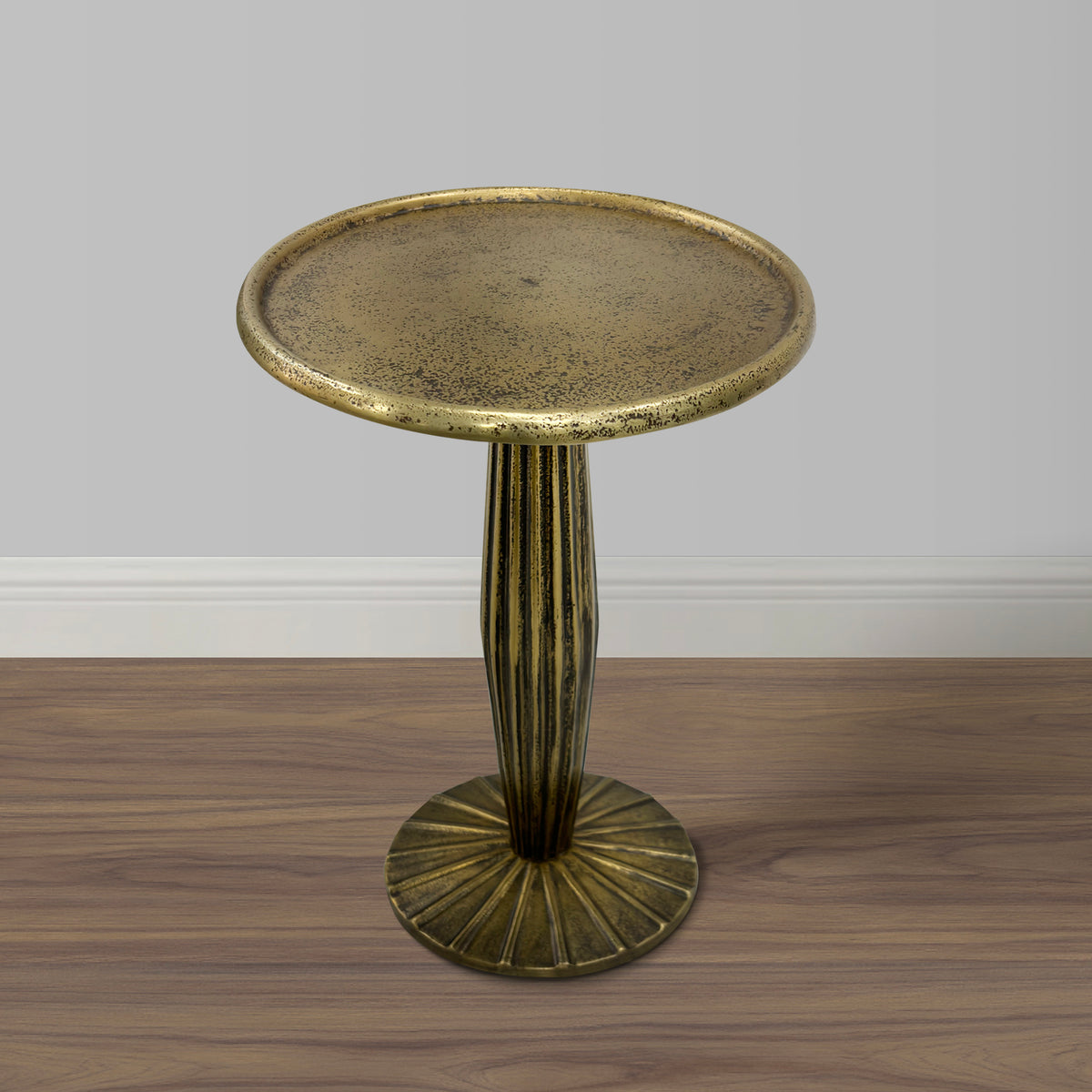 12 Inch Side End Drink Table, Fancy Fluted Base, Round Top, Antique Brass - UPT-298837