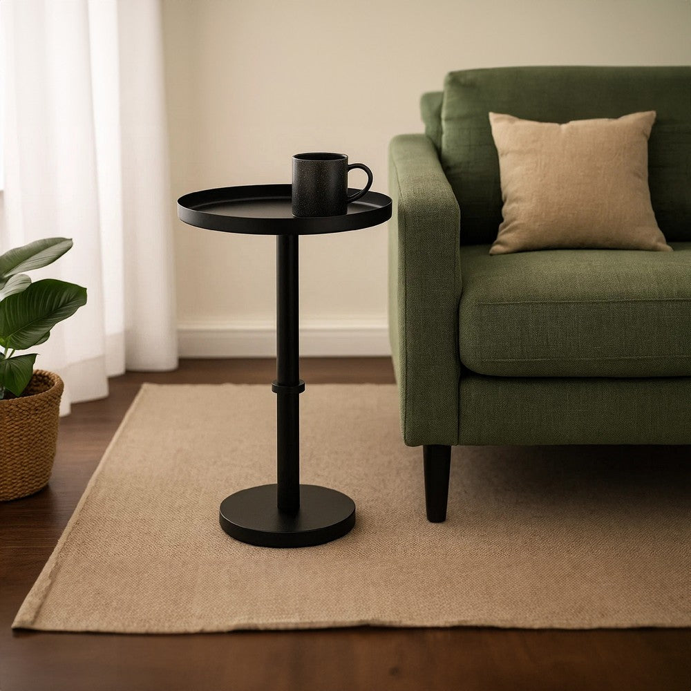 Ara 22 Inch Side End Table, Vintage Sleek Pillar Base, Round Tray Top, Matte Black - UPT-298840