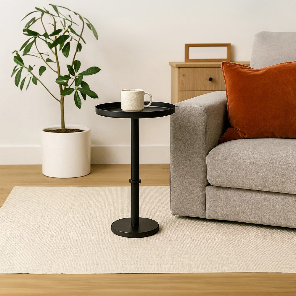 Ara 22 Inch Side End Table, Vintage Sleek Pillar Base, Round Tray Top, Matte Black - UPT-298840