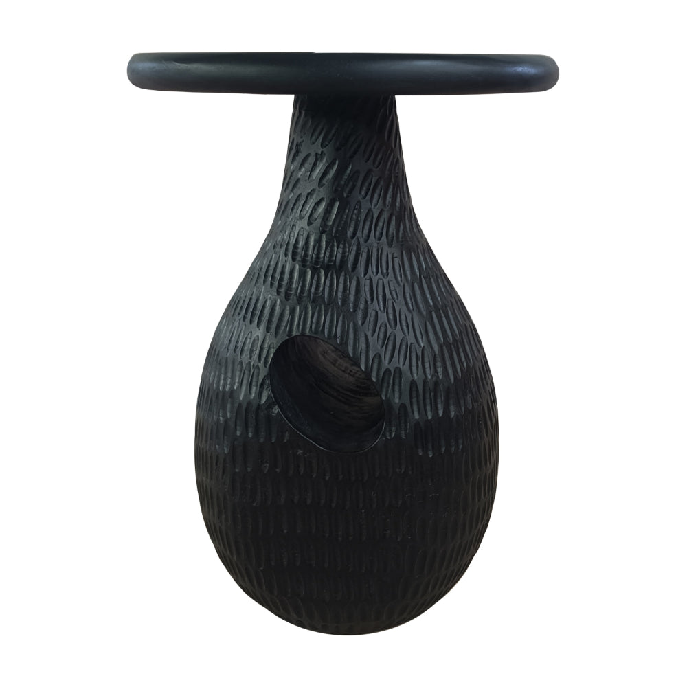 14 Inch Side End Table, Artisan Handcrafted Mango Wood, Embossed Teardrop Shaped Base, Black - UPT-299121