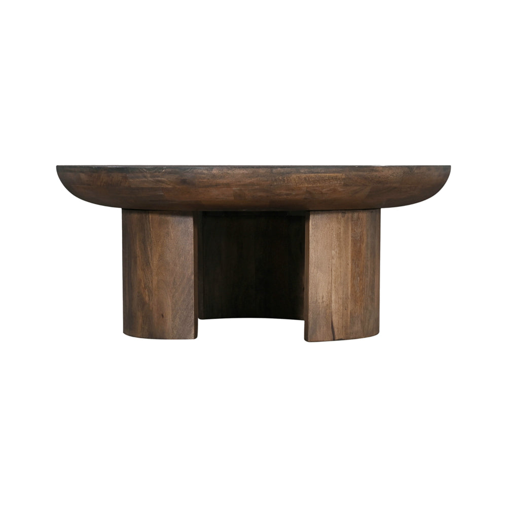 35 Inch Coffee Table, Handcrafted Round Mango Wood Top, Modern Curved Tripod Legs, Walnut Brown - UPT-299123