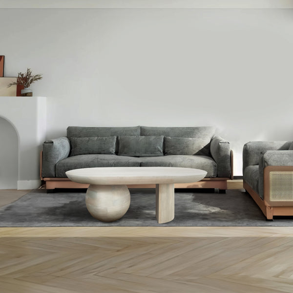 38 Inch Coffee Table, Oblong Mango Wood Top with a Modern Ball Leg, Washed White - UPT-299124