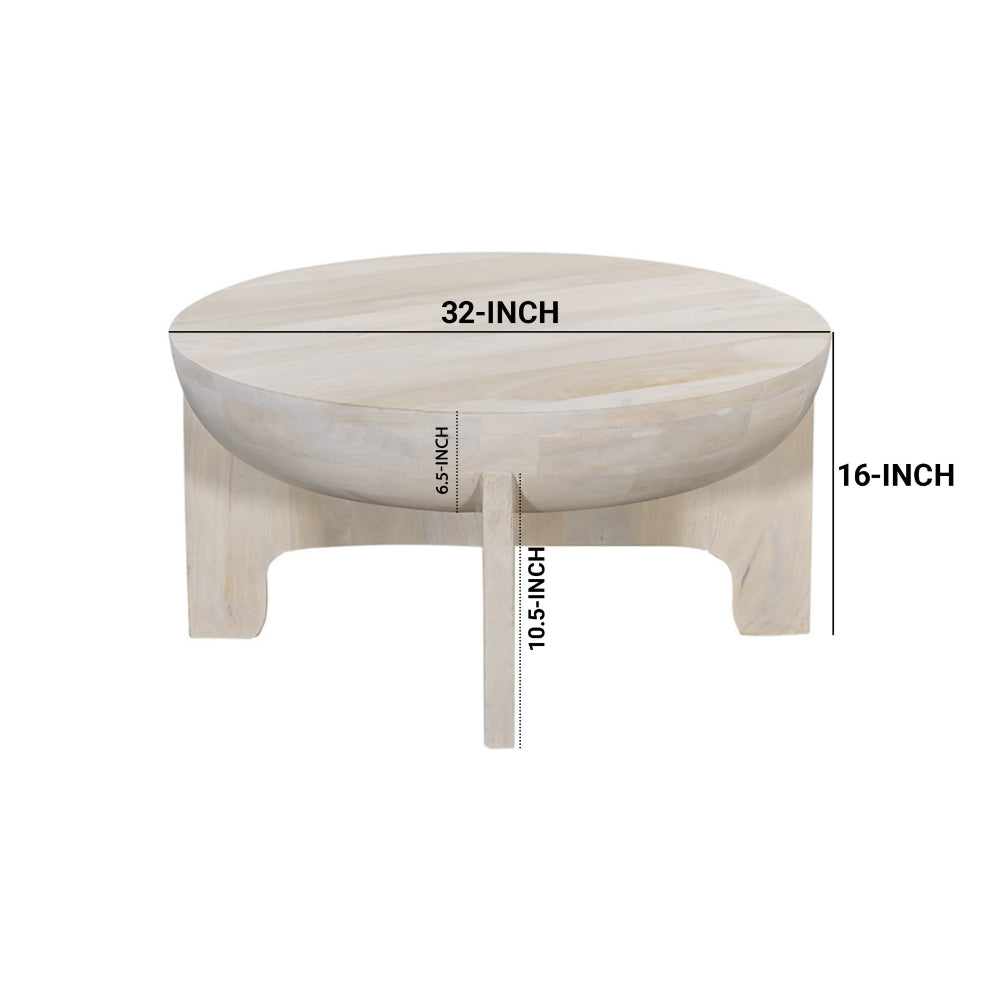 Tomas 32 Inch Coffee Table, Mango Wood Drum Top, Classic Washed White - UPT-299125
