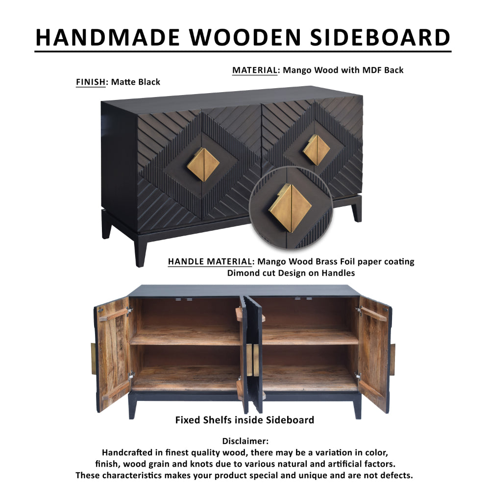 Abiel 55 Inch Sideboard Buffet Console with 2 Door Cabinet, Brass Coated Diamond Cut Handles, Matte Black Mango Wood -UPT-299518