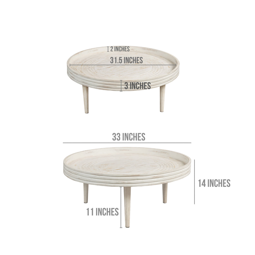 33 Inch Coffee Table, Solid Mango Wood, Handcrafted Round Grooved Raised Edge, Distressed White - UPT-299717