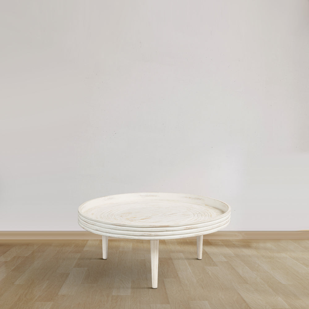 33 Inch Coffee Table, Solid Mango Wood, Handcrafted Round Grooved Raised Edge, Distressed White - UPT-299717