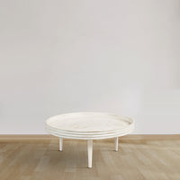 33 Inch Coffee Table, Solid Mango Wood, Handcrafted Round Grooved Raised Edge, Distressed White - UPT-299717