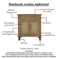 30 Inch Nightstand Table, Rattan Cabinet Doors and Drawer Fronts, Sandblasted Brown Mango Wood - UPT-301721