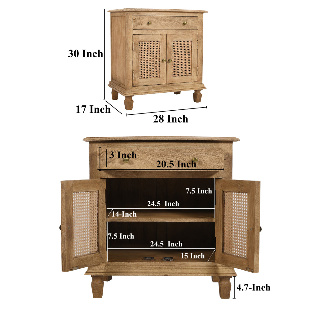 30 Inch Nightstand Table, Rattan Cabinet Doors and Drawer Fronts, Sandblasted Brown Mango Wood - UPT-301721