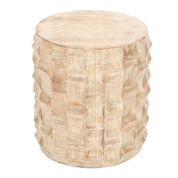 20 Inch Side End Table, Round Drum Shape with 3D Textured Design, Distressed White Finish - UPT-301722