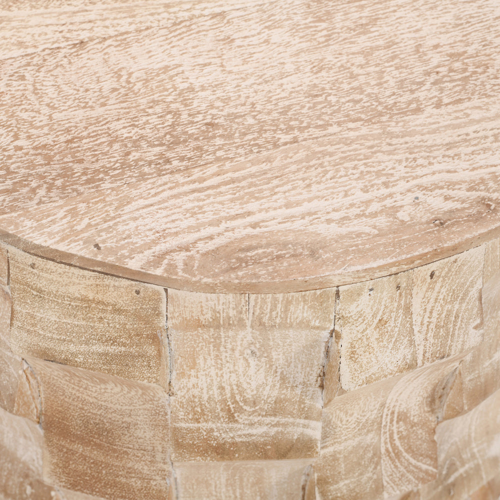 20 Inch Side End Table, Round Drum Shape with 3D Textured Design, Distressed White Finish - UPT-301722