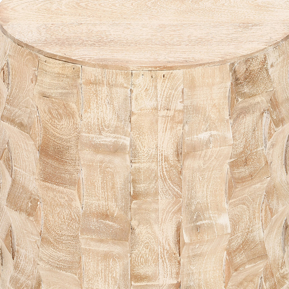 20 Inch Side End Table, Round Drum Shape with 3D Textured Design, Distressed White Finish - UPT-301722