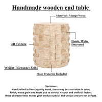 20 Inch Side End Table, Round Drum Shape with 3D Textured Design, Distressed White Finish - UPT-301722