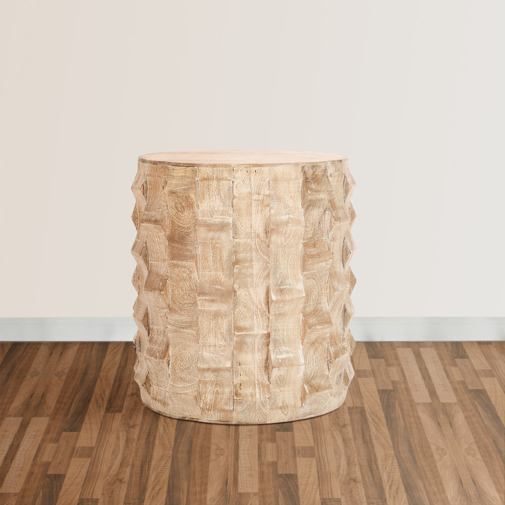 20 Inch Side End Table, Round Drum Shape with 3D Textured Design, Distressed White Finish - UPT-301722