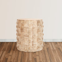 20 Inch Side End Table, Round Drum Shape with 3D Textured Design, Distressed White Finish - UPT-301722