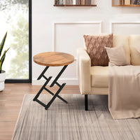 23 Inch Side End Table, Natural Brown Round Wood Top, Modern Black Angled Iron Legs - UPT-301727