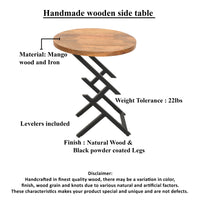 23 Inch Side End Table, Natural Brown Round Wood Top, Modern Black Angled Iron Legs - UPT-301727