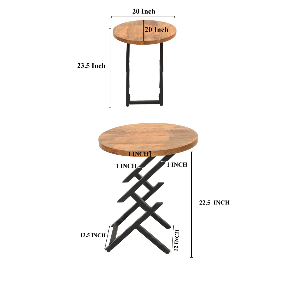 23 Inch Side End Table, Natural Brown Round Wood Top, Modern Black Angled Iron Legs - UPT-301727