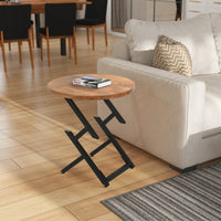 23 Inch Side End Table, Natural Brown Round Wood Top, Modern Black Angled Iron Legs - UPT-301727