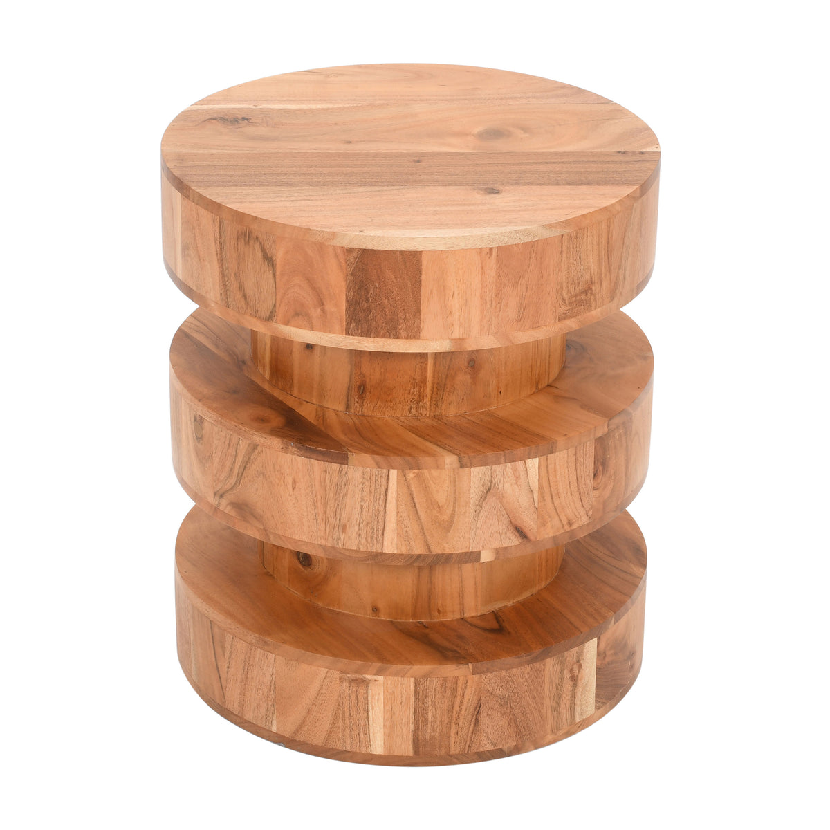18 Inch Side End Table, Farmhouse Style Natural Brown Acacia Wood, Modern Stacked Drum Design - UPT-301728