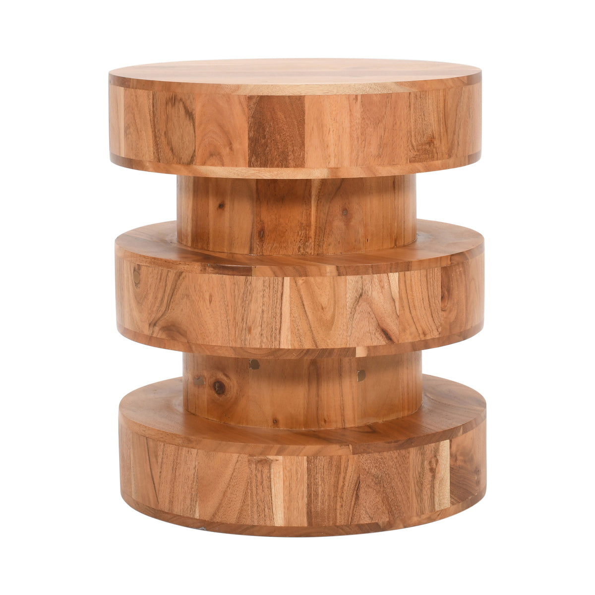 18 Inch Side End Table, Farmhouse Style Natural Brown Acacia Wood, Modern Stacked Drum Design - UPT-301728