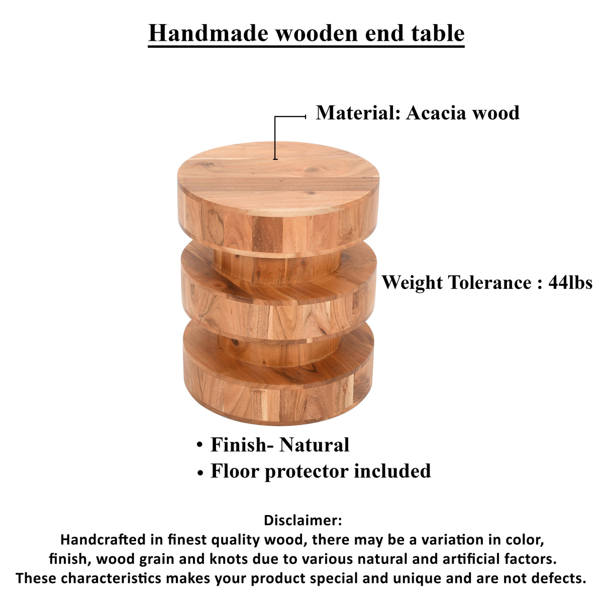 18 Inch Side End Table, Farmhouse Style Natural Brown Acacia Wood, Modern Stacked Drum Design - UPT-301728