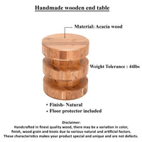 18 Inch Side End Table, Farmhouse Style Natural Brown Acacia Wood, Modern Stacked Drum Design - UPT-301728