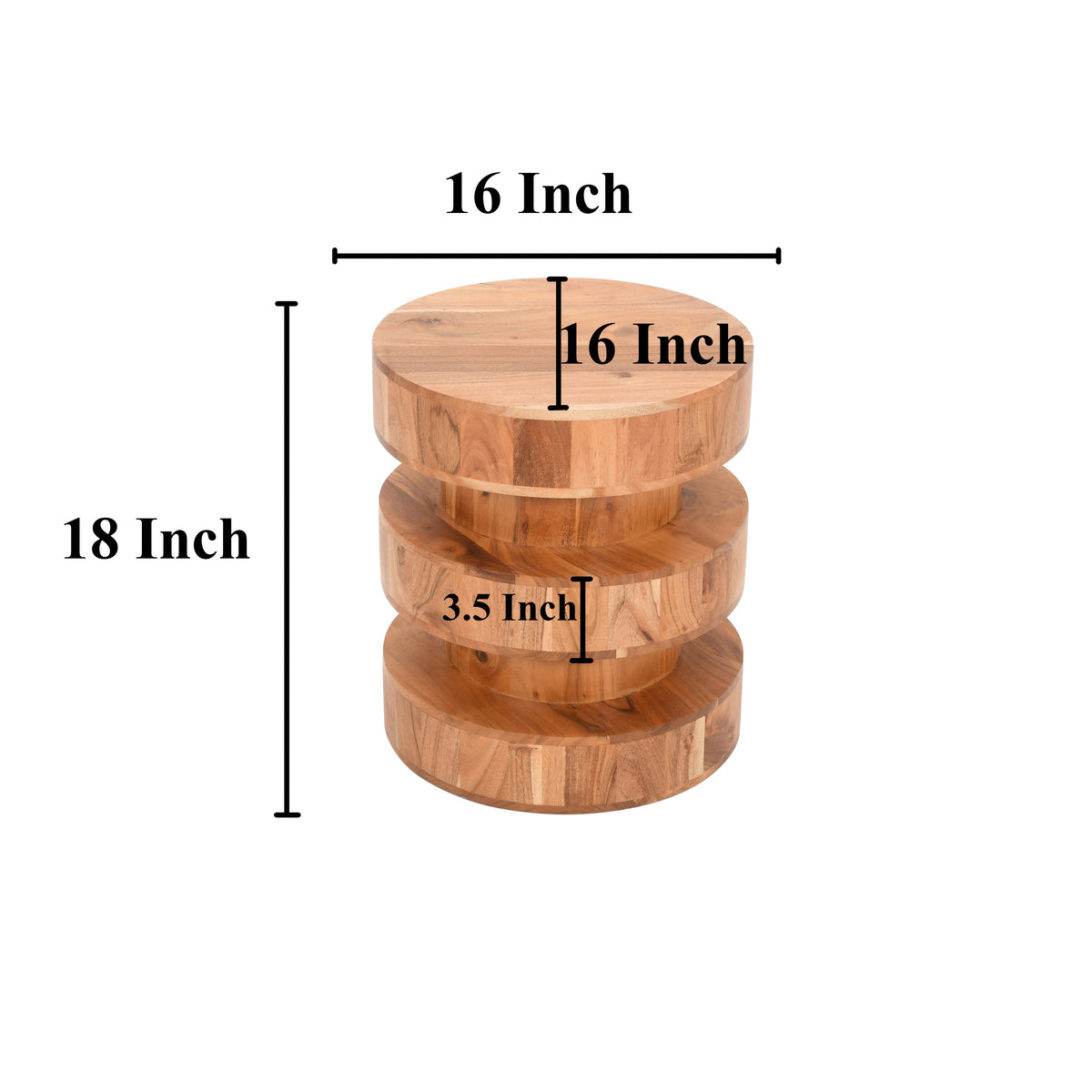 18 Inch Side End Table, Farmhouse Style Natural Brown Acacia Wood, Modern Stacked Drum Design - UPT-301728