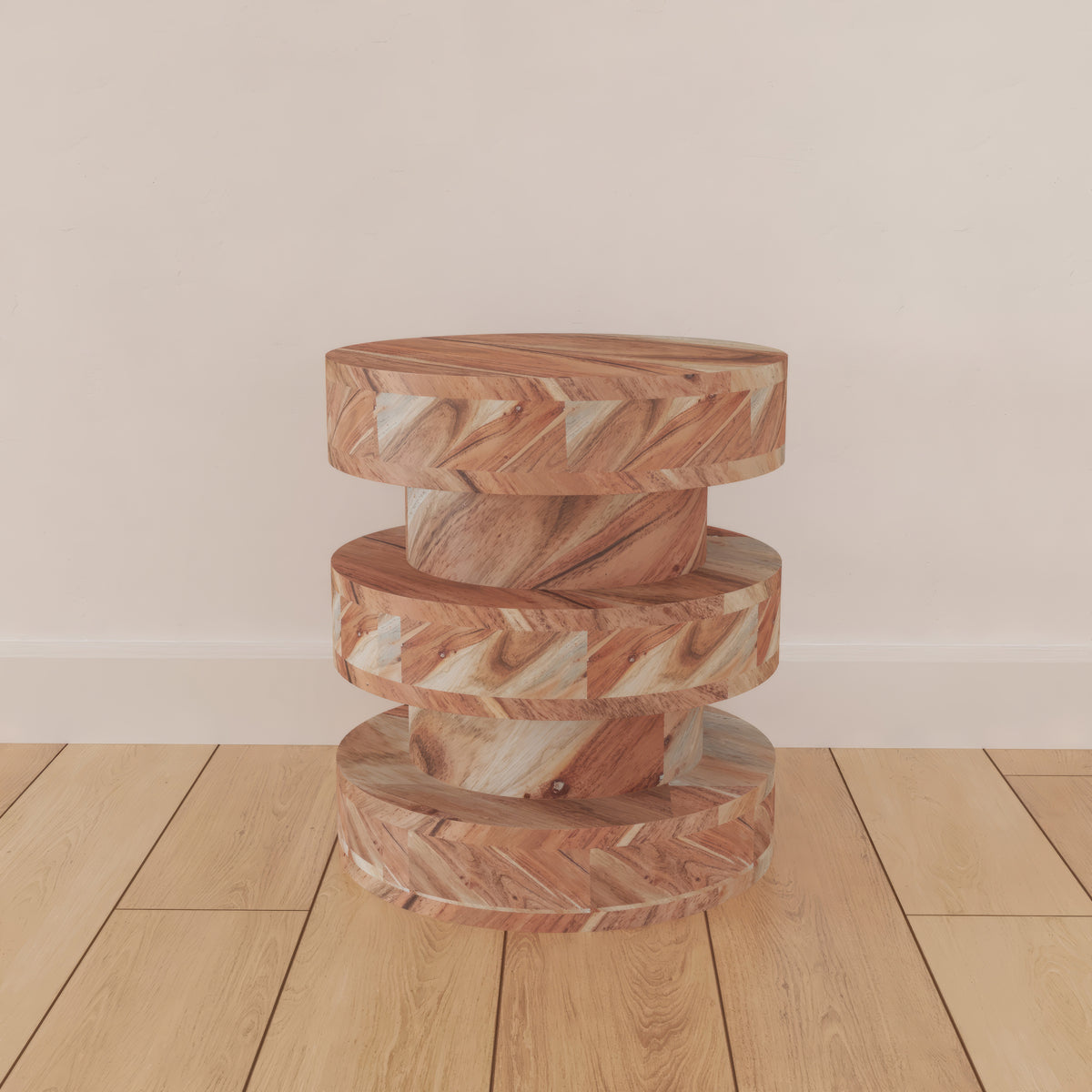 18 Inch Side End Table, Farmhouse Style Natural Brown Acacia Wood, Modern Stacked Drum Design - UPT-301728