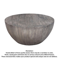 36 Inch Round Coffee Table, Handcrafted Drum Shape, Mango Wood with Olive Gray Finish -UPT-302027