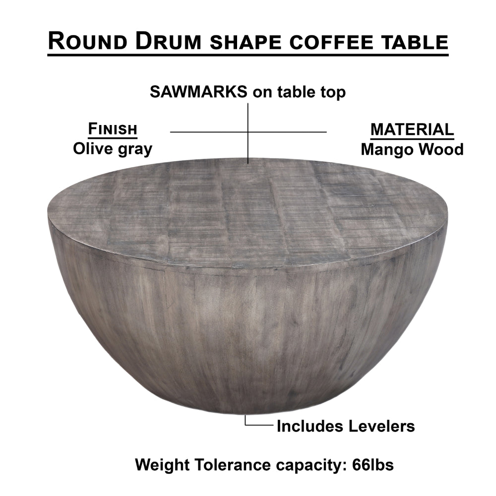 36 Inch Round Coffee Table, Handcrafted Drum Shape, Mango Wood with Olive Gray Finish -UPT-302027