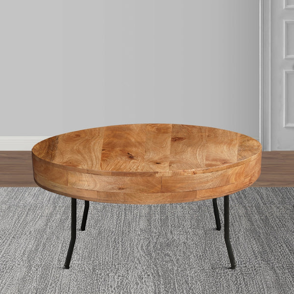 32 Inch Coffee Table, Handcrafted Mango Wood Round Top, Black Metal Angled Legs - UPT-302028