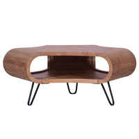 37 Inch Coffee Table, Handcrafted Curved Hexagon Shape with Open Shelf, Natural Brown Acacia Wood, Iron Legs - UPT-310273