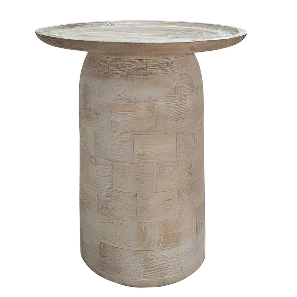 Joana Side End Table, Sandblasted Distressed White Mango Wood, 17 Inch Round Top - UPT-310274