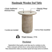 Joana Side End Table, Sandblasted Distressed White Mango Wood, 17 Inch Round Top - UPT-310274