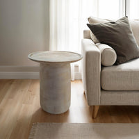 Joana Side End Table, Sandblasted Distressed White Mango Wood, 17 Inch Round Top - UPT-310274