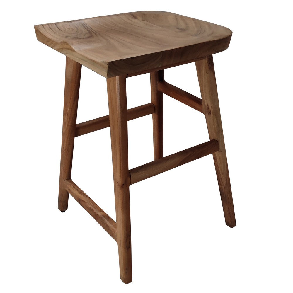 Tisa 24 Inch Backless Counter Height Stool, Handcrafted Saddle Seat in Natural Brown Acacia Wood - UPT-314298